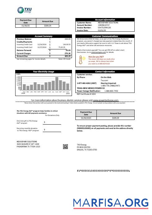 Blank USA Texas TXU Energy business utility bill template in Word and PDF formats